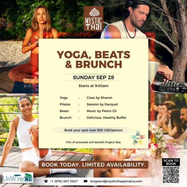 Flyer for Yoga, Beats & Brunch at Mystic Thai Kingston on Sunday, September 28 at 9am, featuring yoga with Sharon, pilates with Racquel, music by Pietro DJ, and a healthy brunch buffet.