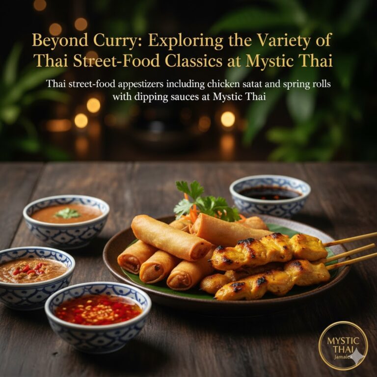Thai street-food appetizers, including chicken satay and spring rolls with dipping sauces at Mystic Thai