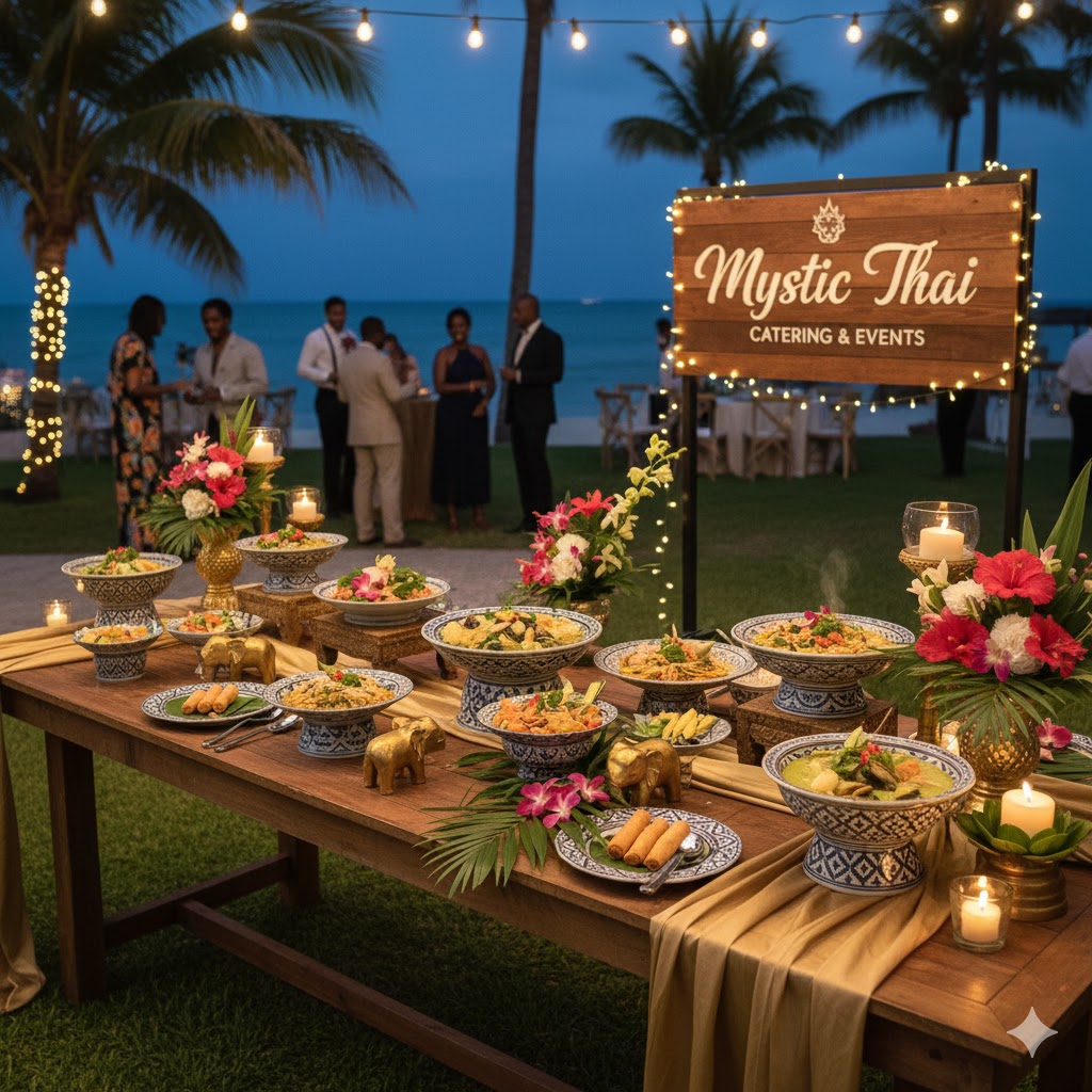 Mystic Thai catering table setup with Thai dishes and elegant décor at Jamaican event