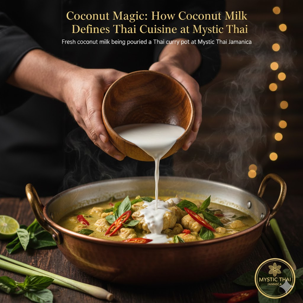 Fresh coconut milk being poured into a Thai curry pot at Mystic Thai Jamaica