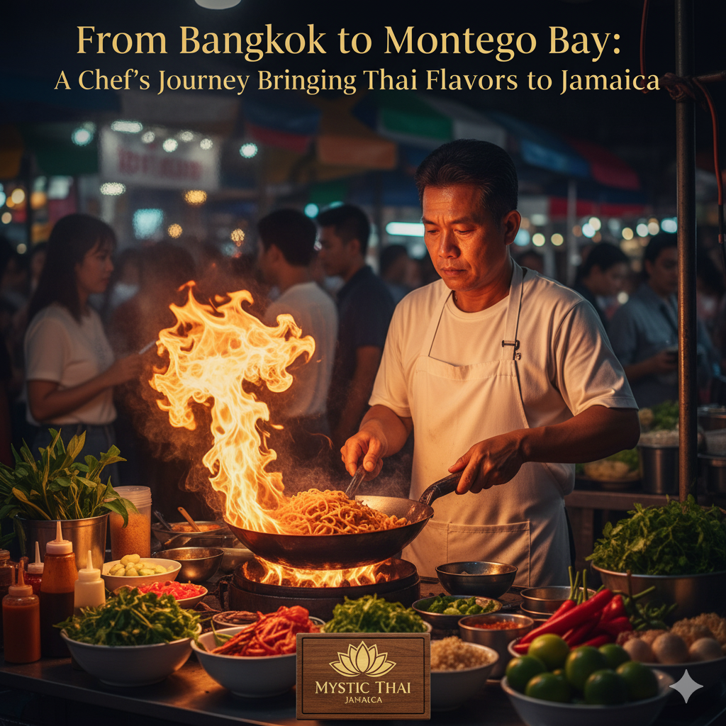 Thai street food chef cooking with a wok in Bangkok market