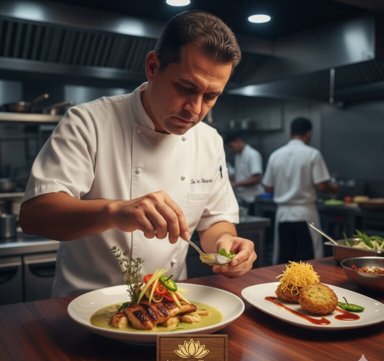 Mystic Thai chef plating Thai dish with Jamaican twist