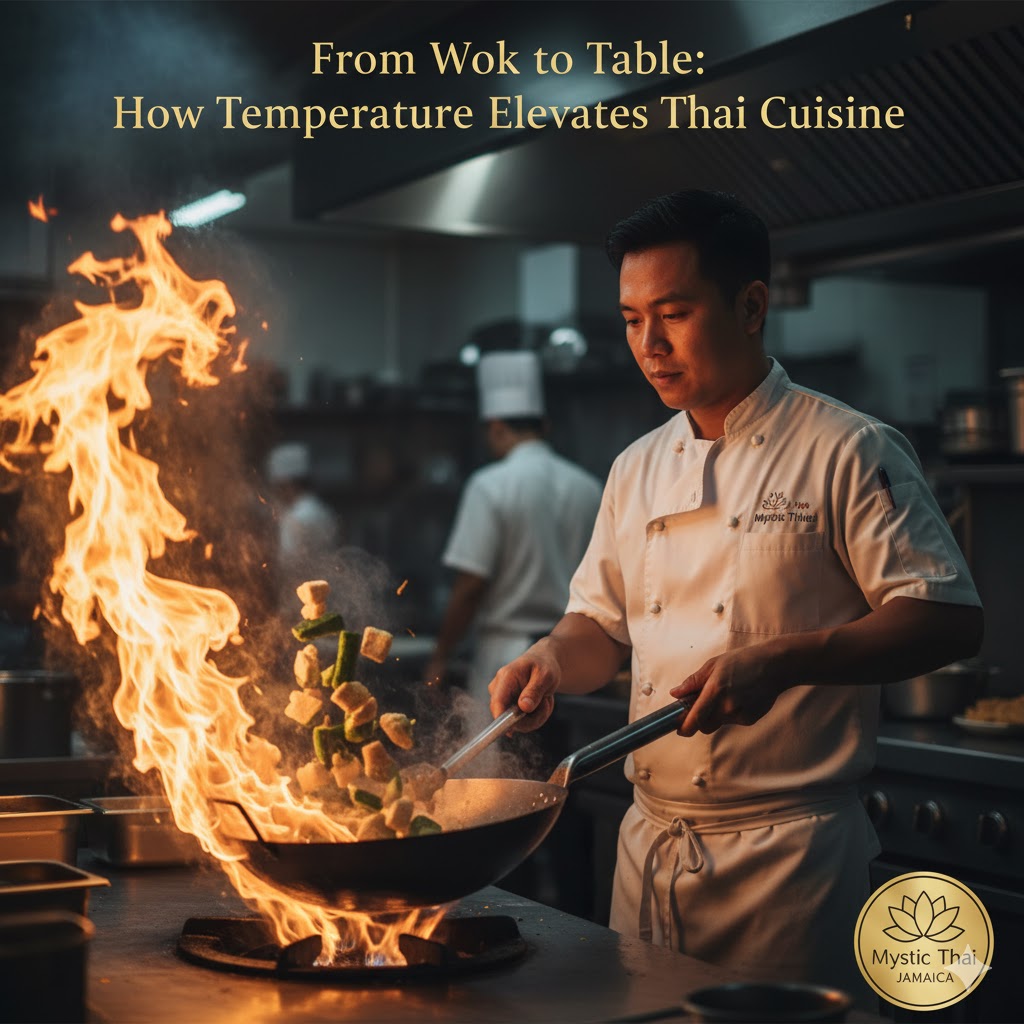 Mystic Thai chef stir-frying chicken and vegetables in a sizzling wok