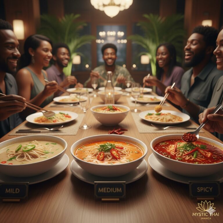 Bowls of Thai dishes at different spice levels served at Mystic Thai Jamaica