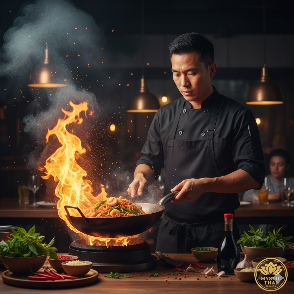 A chef preparing Thai street-style stir-fry in a hot wok at Mystic Thai Jamaica