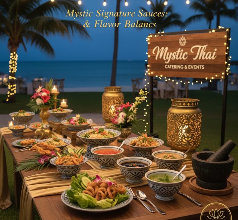 Assortment of Thai dipping sauces served with appetizers at Mystic Thai Jamaica