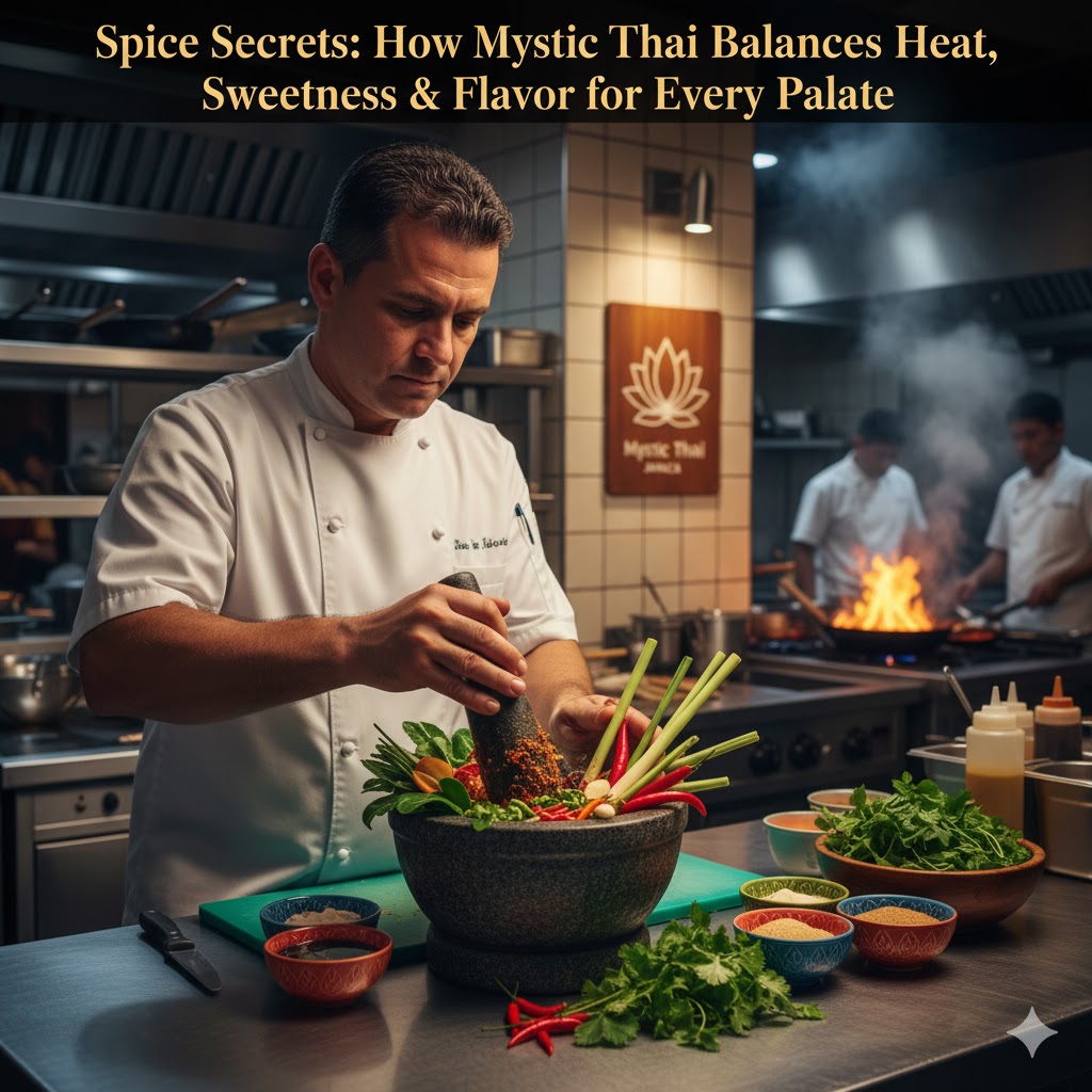 Chef blending Thai spices and herbs at Mystic Thai Jamaica