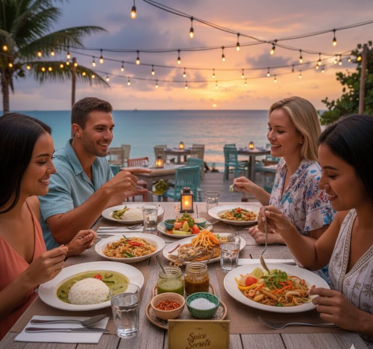 Diners enjoying Thai dishes with customizable spice levels at Mystic Thai Jamaica