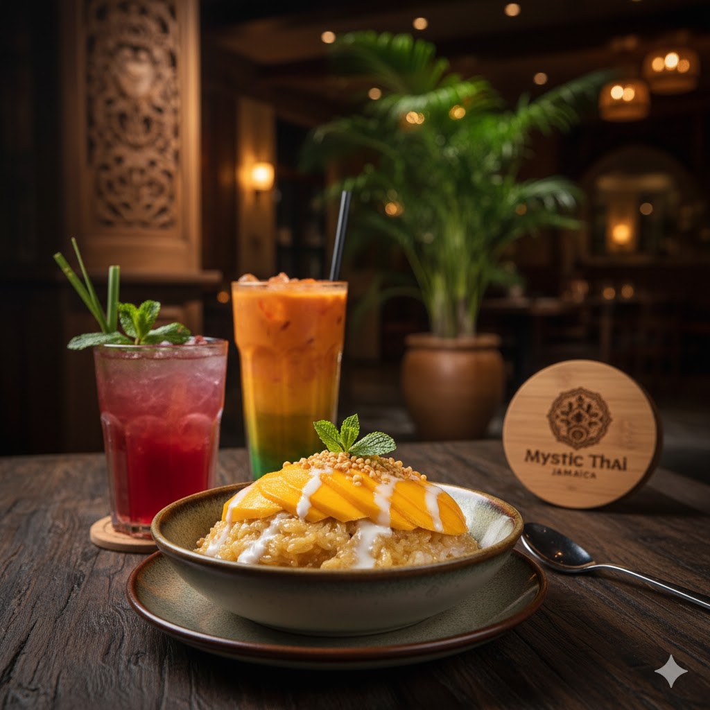 Mango Sticky Rice dessert served with fresh Jamaican mangoes at Mystic Thai Jamaica Alt Text: Mango Sticky Rice dessert served with fresh Jamaican mangoes at Mystic Thai Jamaica