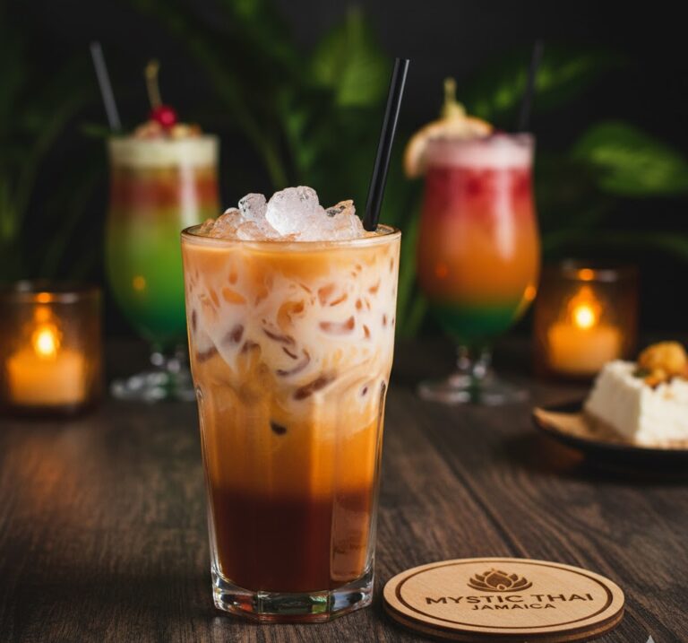 Thai Iced Tea with milk and ice served at Mystic Thai Jamaica