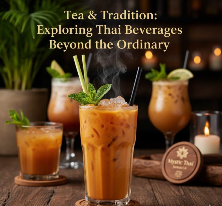 Glass of Thai Iced Tea with ice cubes and straw at Mystic Thai Jamaica