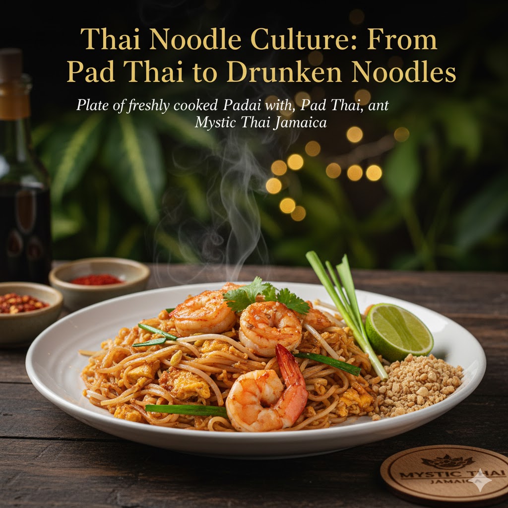 Plate of freshly cooked Pad Thai with shrimp, lime, and crushed peanuts at Mystic Thai Jamaica
