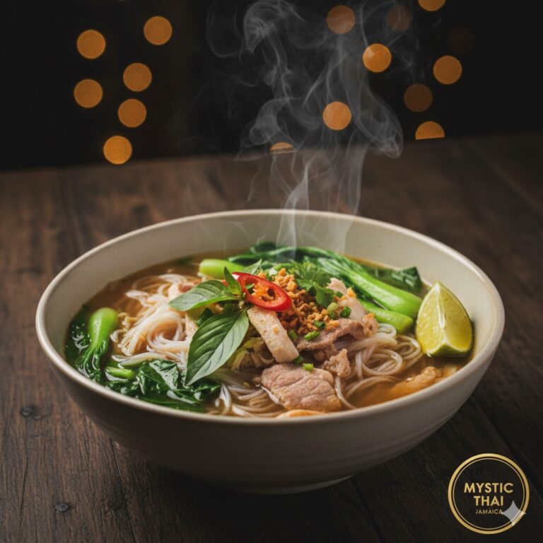 Steaming bowl of Thai noodle soup with herbs and vegetables