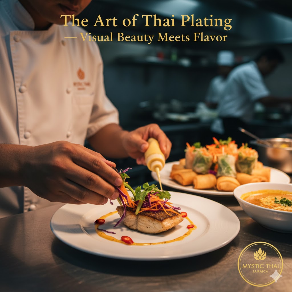 Mystic Thai chef arranging colorful vegetables and herbs on a plate for vibrant presentation