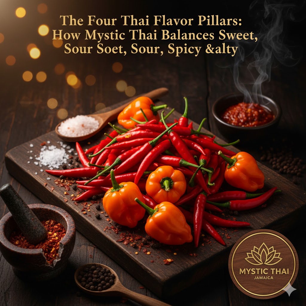 Red Thai chilies and Scotch bonnet peppers on a wooden board for spicy flavor