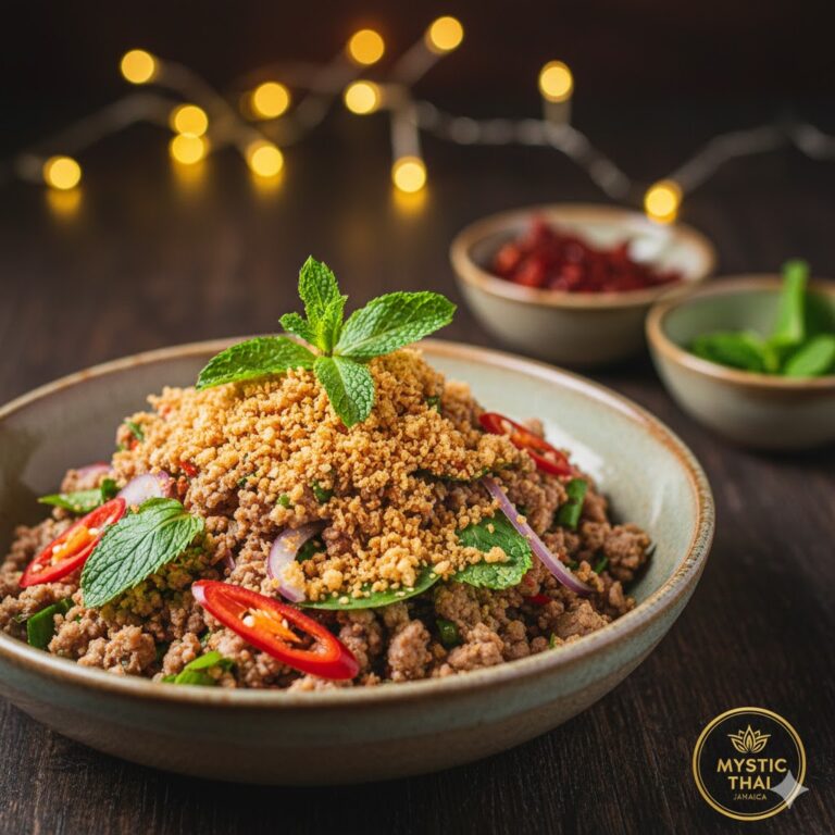 Close-up of Thai larb salad topped with fragrant toasted rice powder