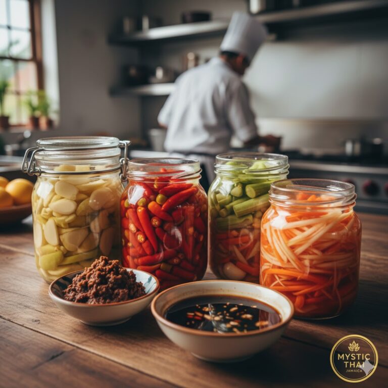 Assorted Thai pickled vegetables in jars on a kitchen counter