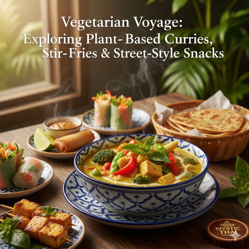 Vibrant vegetarian Thai curry served at Mystic Thai Jamaica