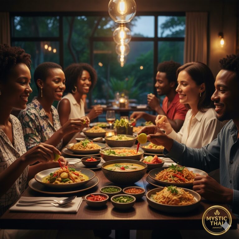 Guests enjoying Thai dishes with adjustable spice levels at Mystic Thai Jamaica
