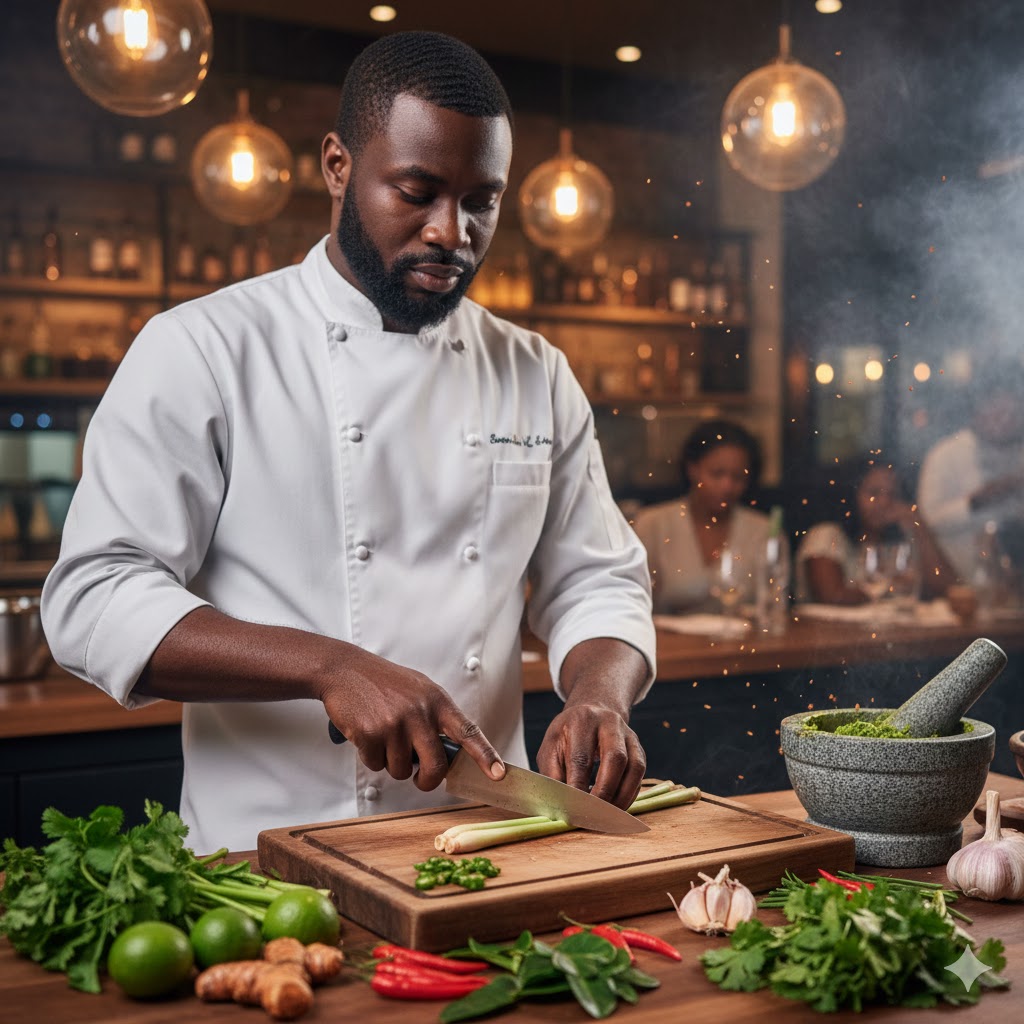 Chef preparing fresh Thai herbs and spices at Mystic Thai Jamaica