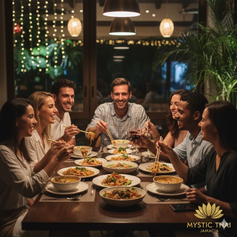 Friends enjoying shared Thai dishes at Mystic Thai Jamaica