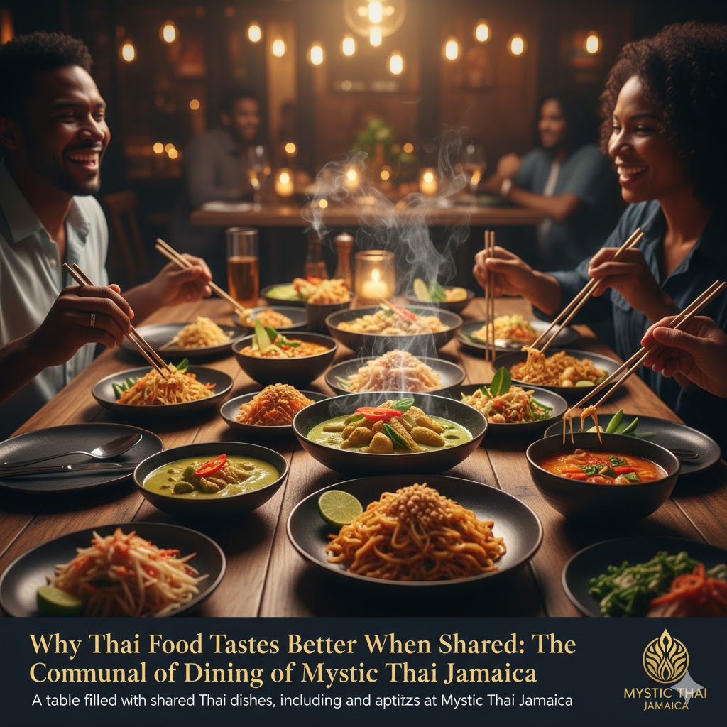 A table filled with shared Thai dishes, including curries, noodles, and appetizers at Mystic Thai Jamaica