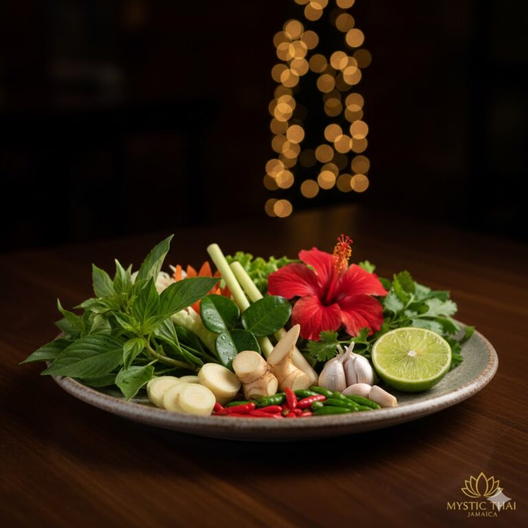 Fresh Thai herbs and vegetables arranged beautifully on a serving plate