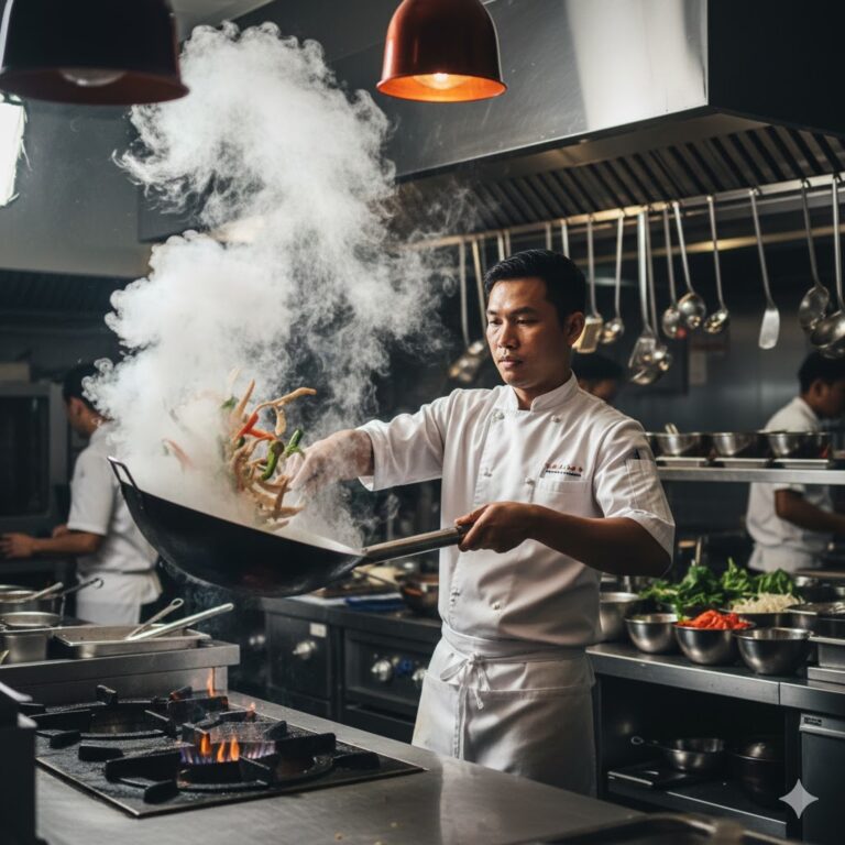 Thai chef lifting wok as aromatic steam rises around the kitchen