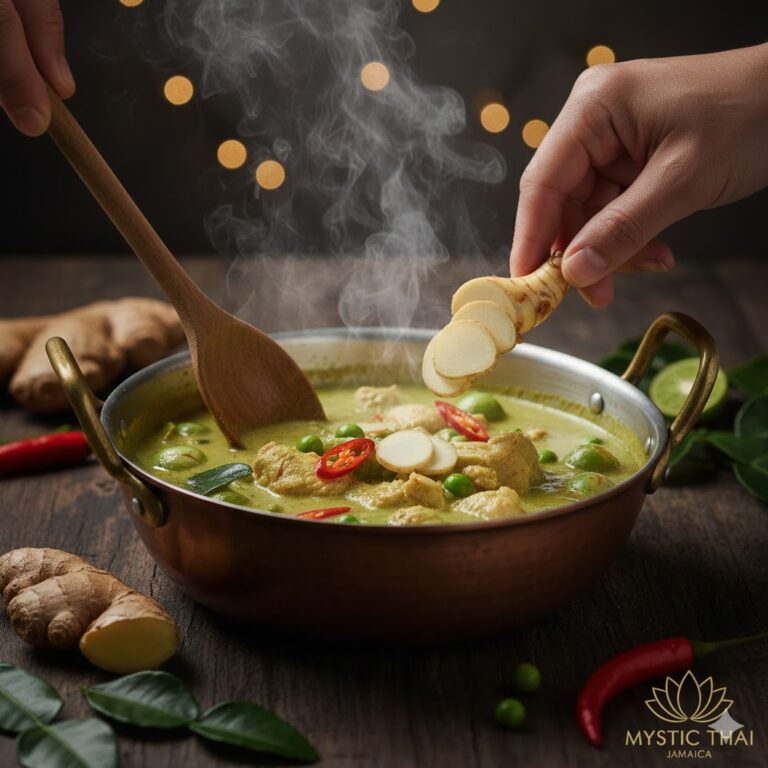 Galangal slices being added to a simmering Thai curry.
