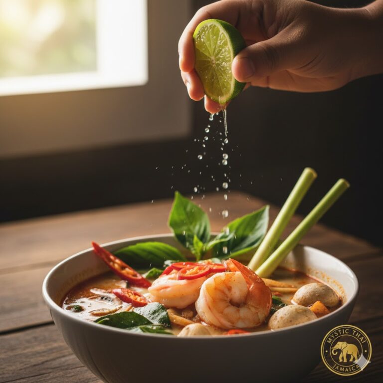Fresh lime being squeezed over a Thai dish for brightness