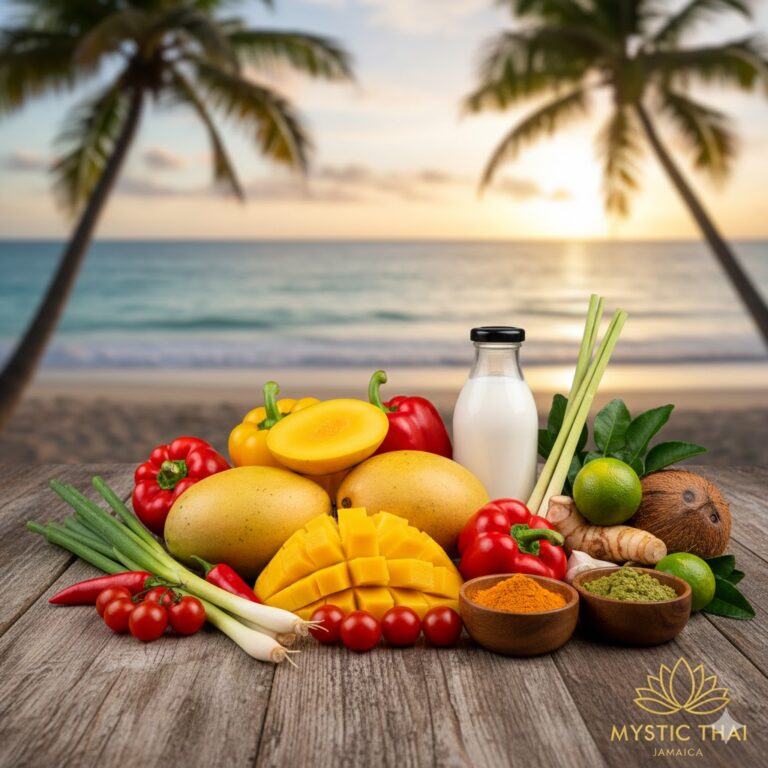 Fresh Jamaican tropical fruits used in Thai curries and desserts