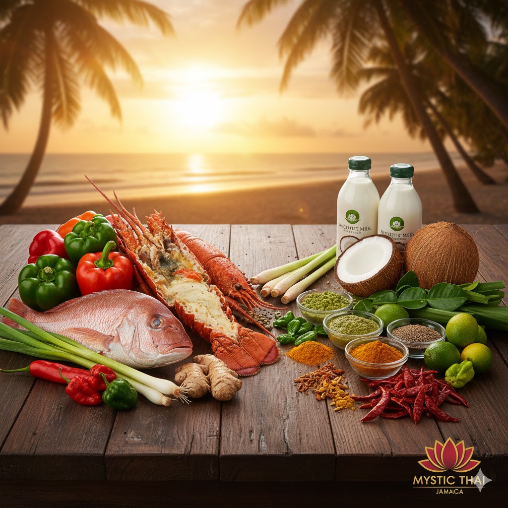 Fresh Jamaican produce alongside traditional Thai ingredients at Mystic Thai Jamaica