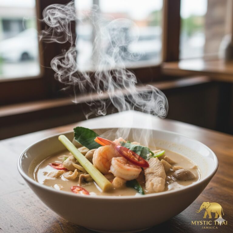 Aromatic steam escaping from a freshly plated Thai dish