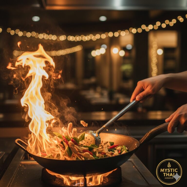 Thai stir-fry being cooked in a hot wok with fresh herbs and aromatics