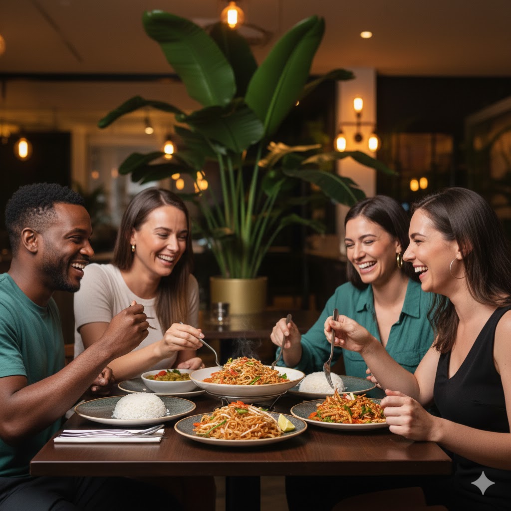 Guests enjoying balanced Thai cuisine in a calm, welcoming atmosphere at Mystic Thai Jamaica