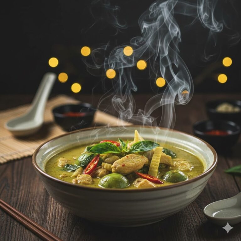 Aromatic steam rising from a freshly served Thai dish