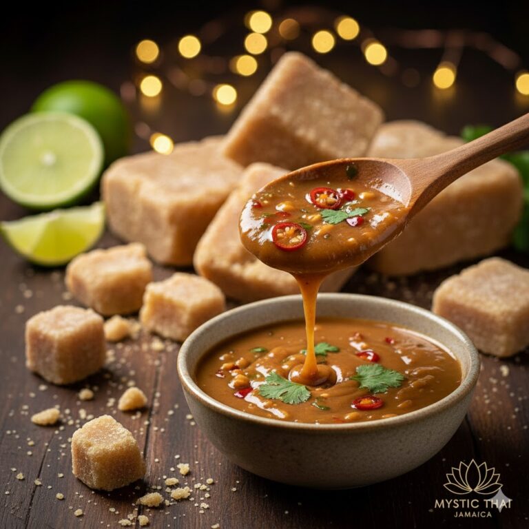 Spoon dipping into a caramel-toned Thai sauce made with palm sugar.