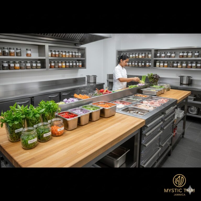 Organized prep room with separate zones for herbs, vegetables, and proteins