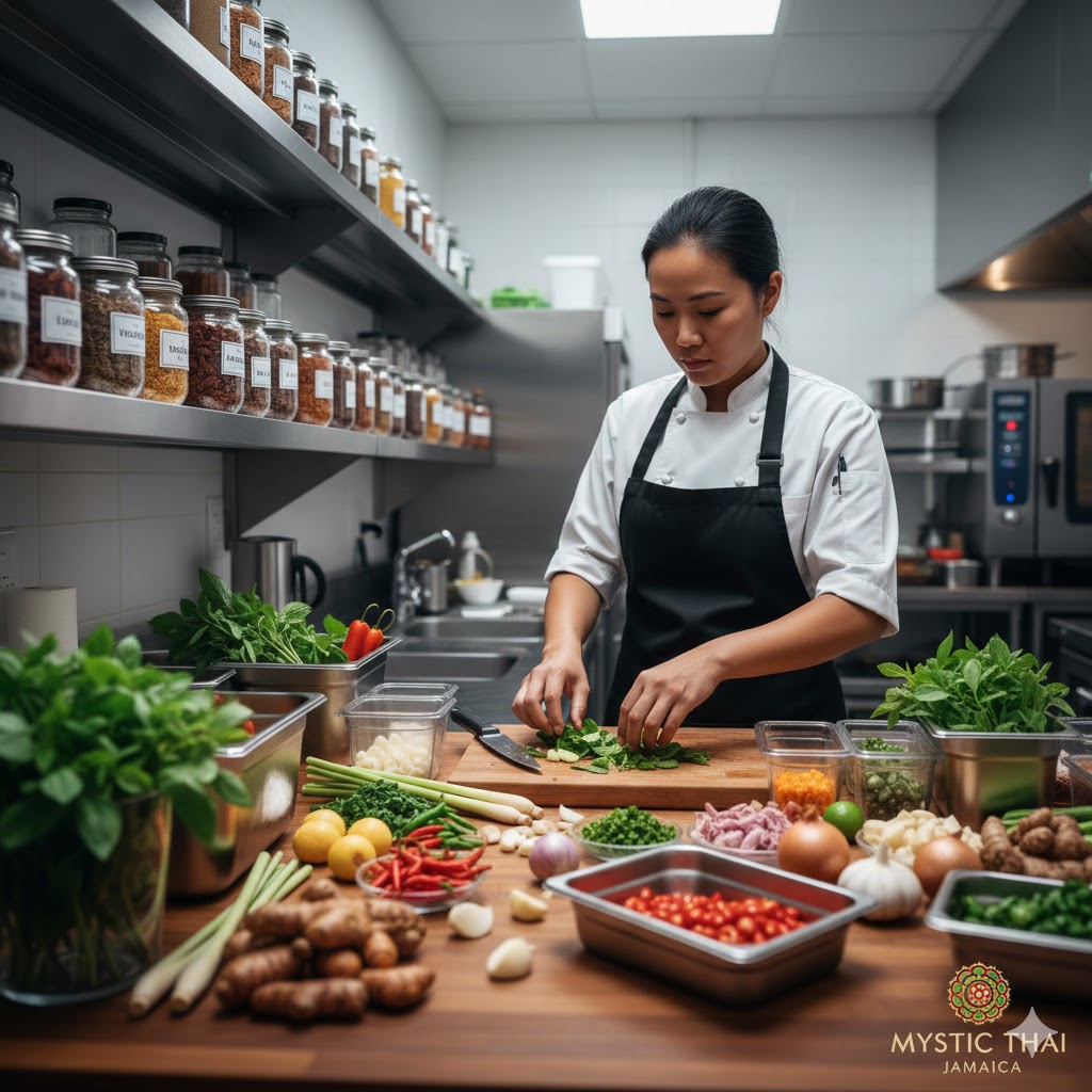 Thai chef organizing fresh herbs and vegetables in a professional kitchen prep room