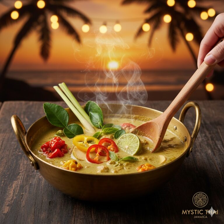 Thai coconut curry simmering with Scotch Bonnet slices and fresh herbs