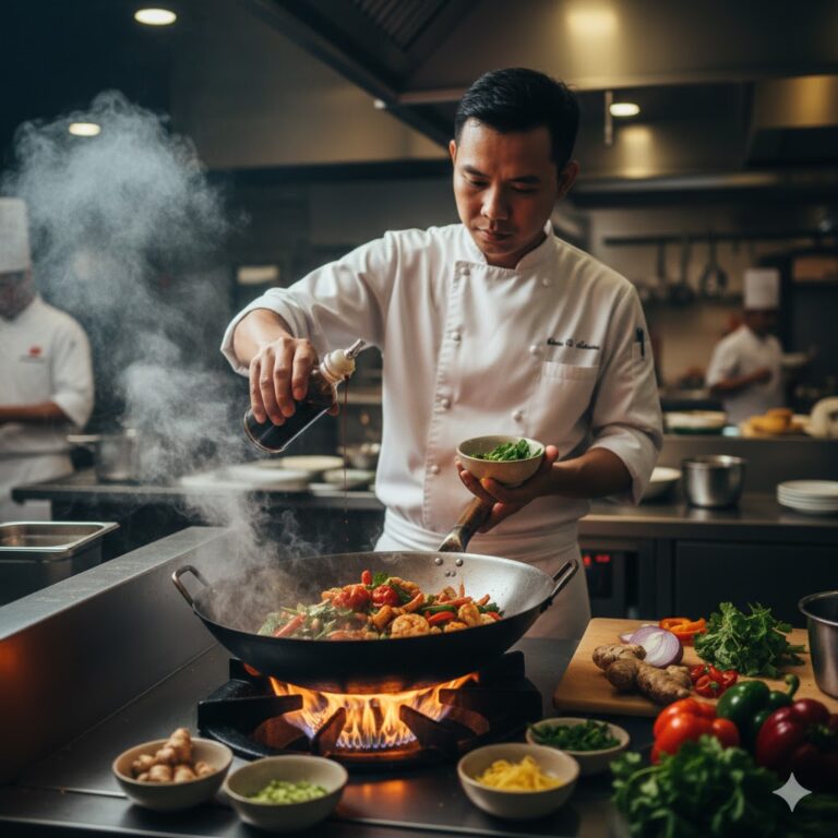 Chef preparing a balanced Thai dish with herbs, spices, and sauce