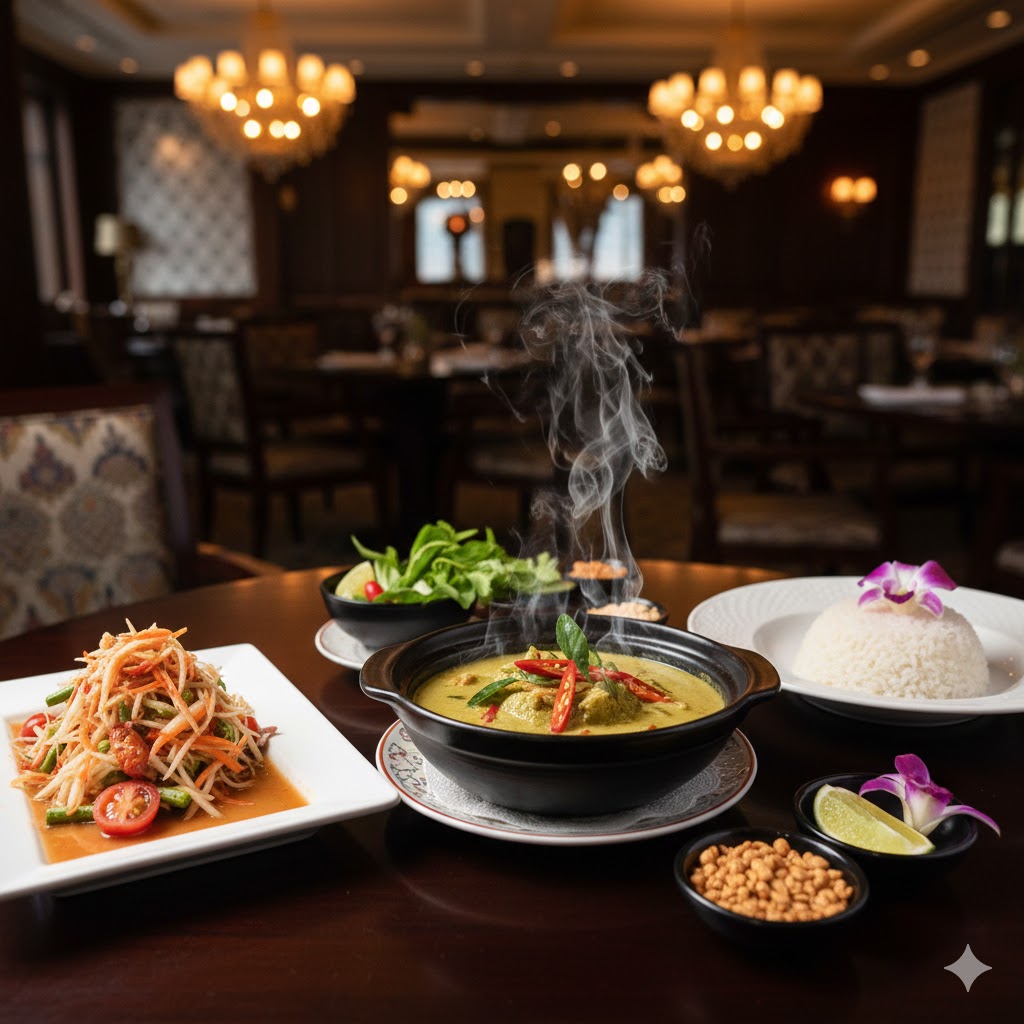 Colorful Thai dishes showing a balance of warm and cool ingredients, served at Mystic Thai Jamaica