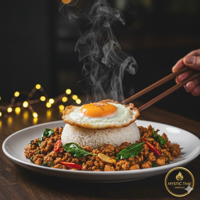 Plate of Pad Kra Pao topped with fresh holy basil leaves.