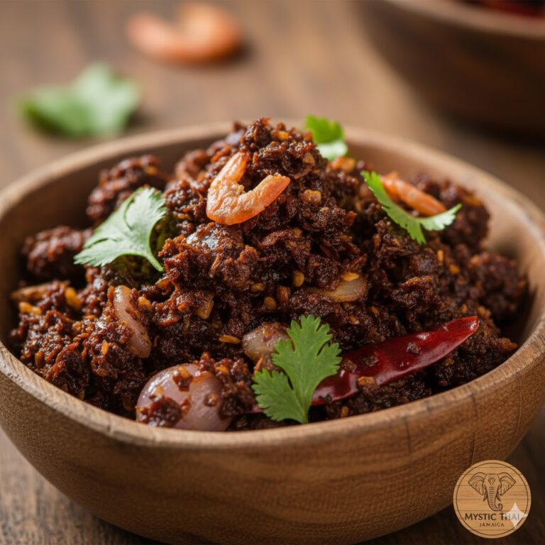 Close-up of textured Thai chili paste showing rich ingredients