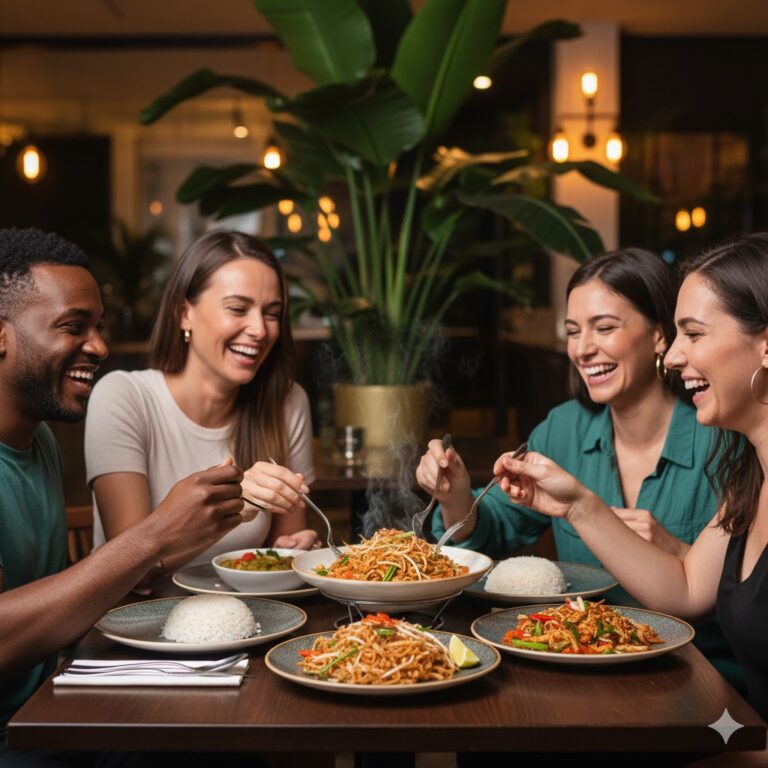 Diners laughing while sharing Thai food at Mystic Thai Jamaica