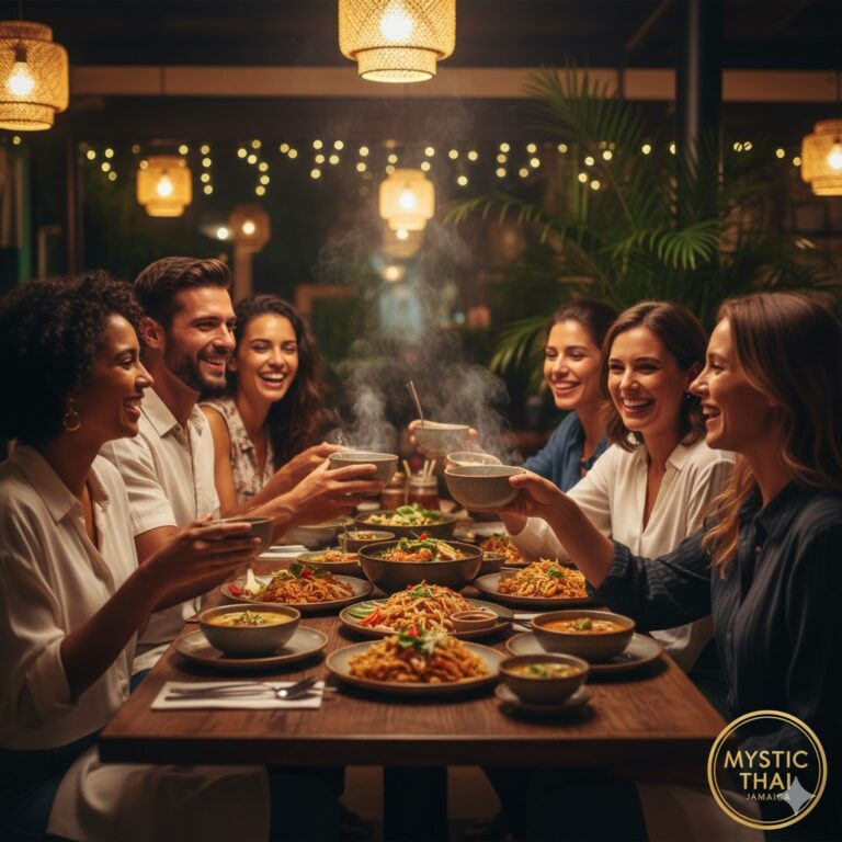 Friends sharing Thai dishes at a cozy restaurant table, highlighting togetherness, memory, and emotional connection through food.