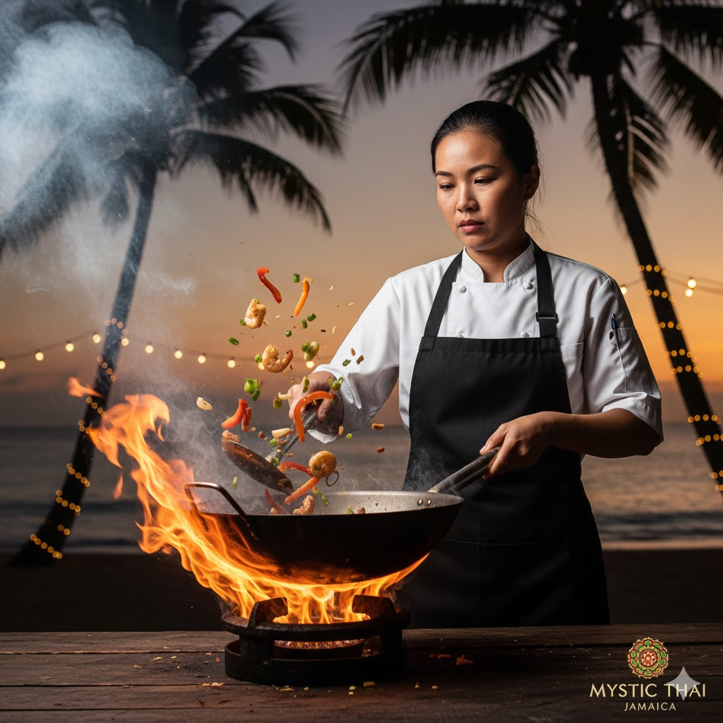 Thai chef cooking over high heat in a traditional wok at Mystic Thai Jamaica