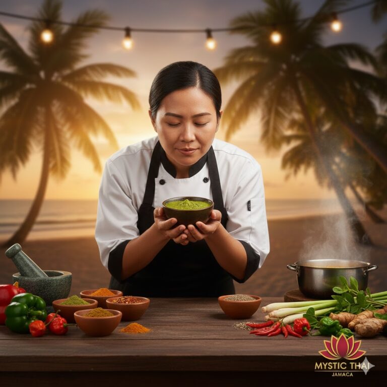Thai chef smelling curry paste to check balance before cooking