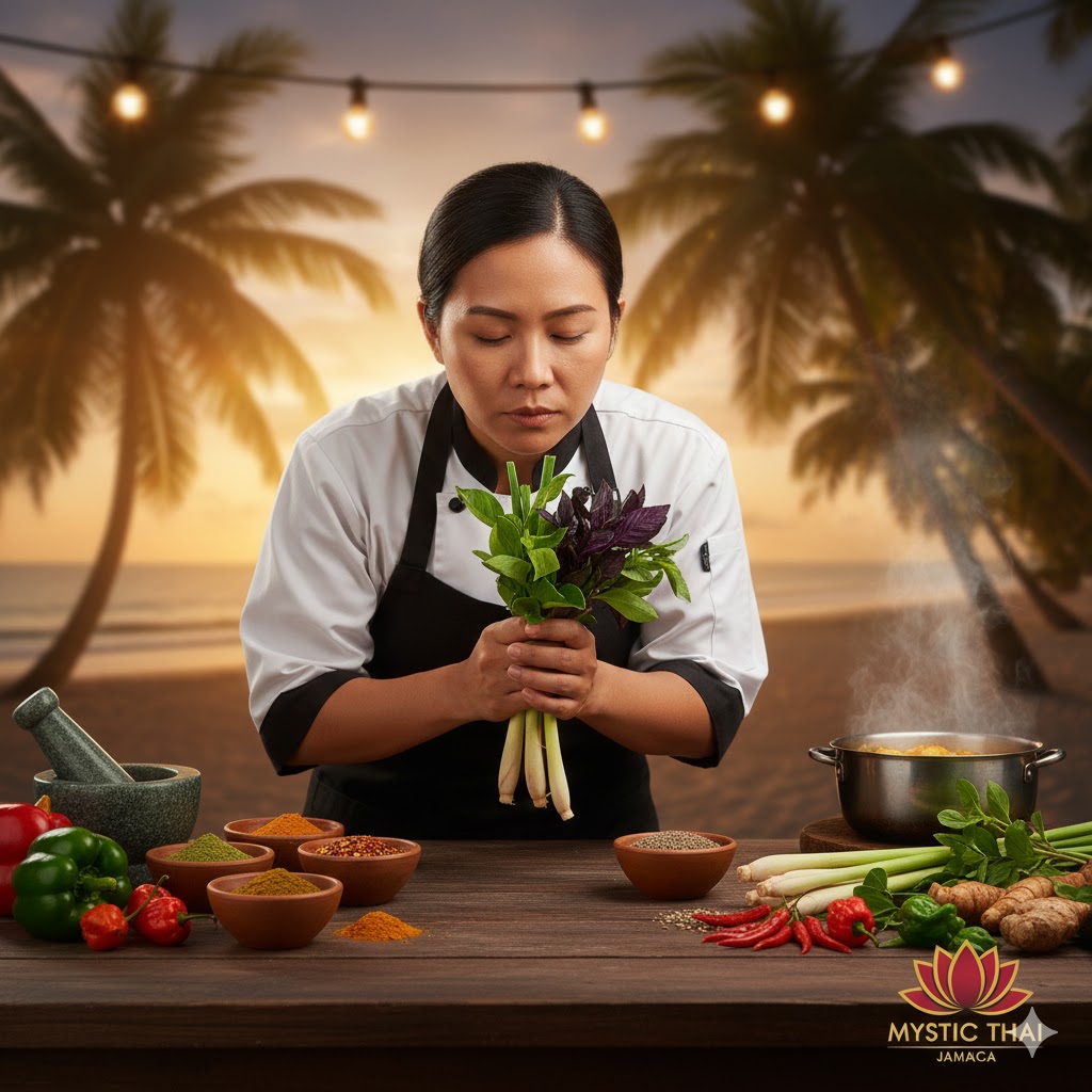 Thai chef smelling fresh herbs and spices before cooking at Mystic Thai Jamaica