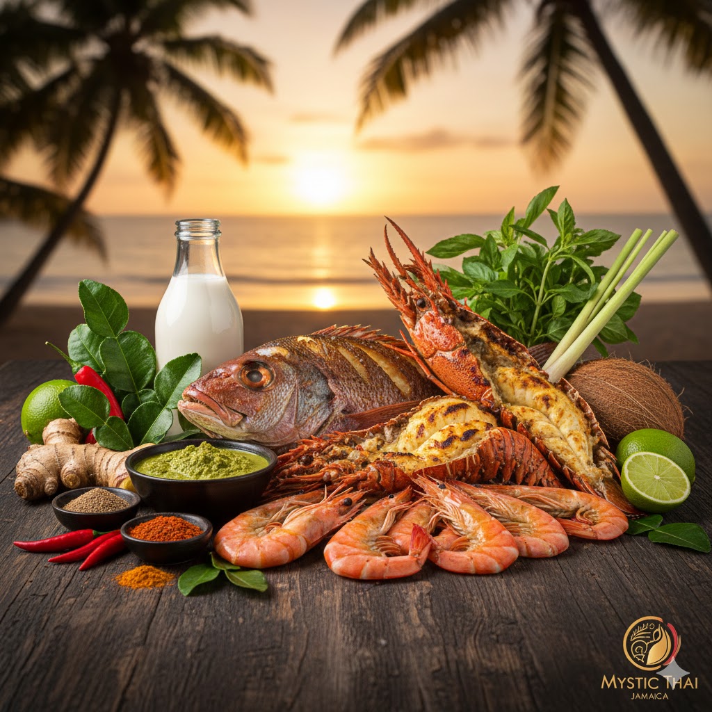 Fresh Jamaican seafood displayed with Thai curry ingredients like coconut milk, herbs, and chilies.